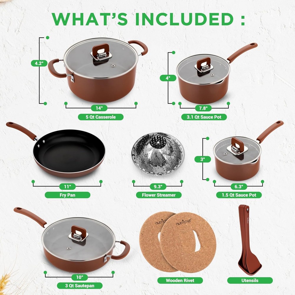 NutriChef 17pcs Brown Stackable Pots and Pans Set, Assorted Sizes,