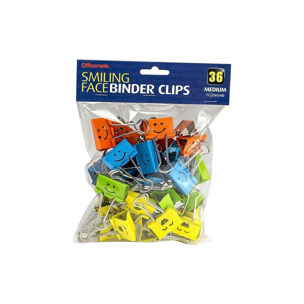 Officemate 31095 Smiling Face Binder Clips, Medium, Assorted Colors, 36/pack