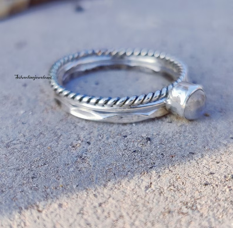 Handmade Moonstone Stacking Ring: 925 Sterling Silver Band Ring All Size