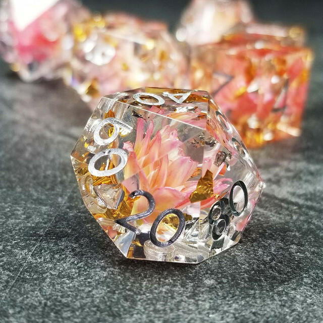 Sage’s Enchanted Flower Pink Sharp Edge Resin Polyhedral Dice Set DnD