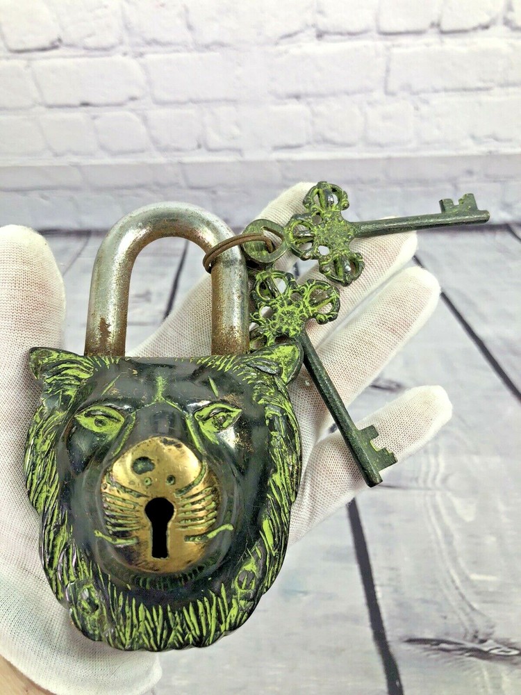 Trinetra artizan solid brass lion padlock with 2 keys fully functional 5.5x 3.5