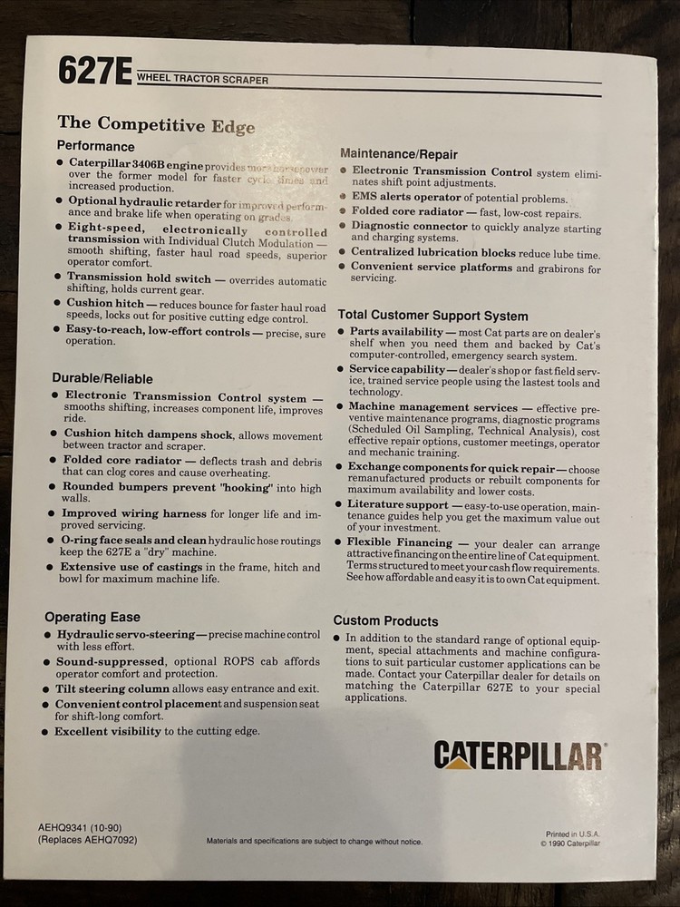 Caterpillar 627E Wheel Tractor-Scraper Brochure ‘90