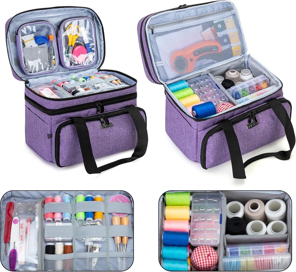 Large Double Layer Sewing Accessories Organizer with Detachable Pouches - Purple