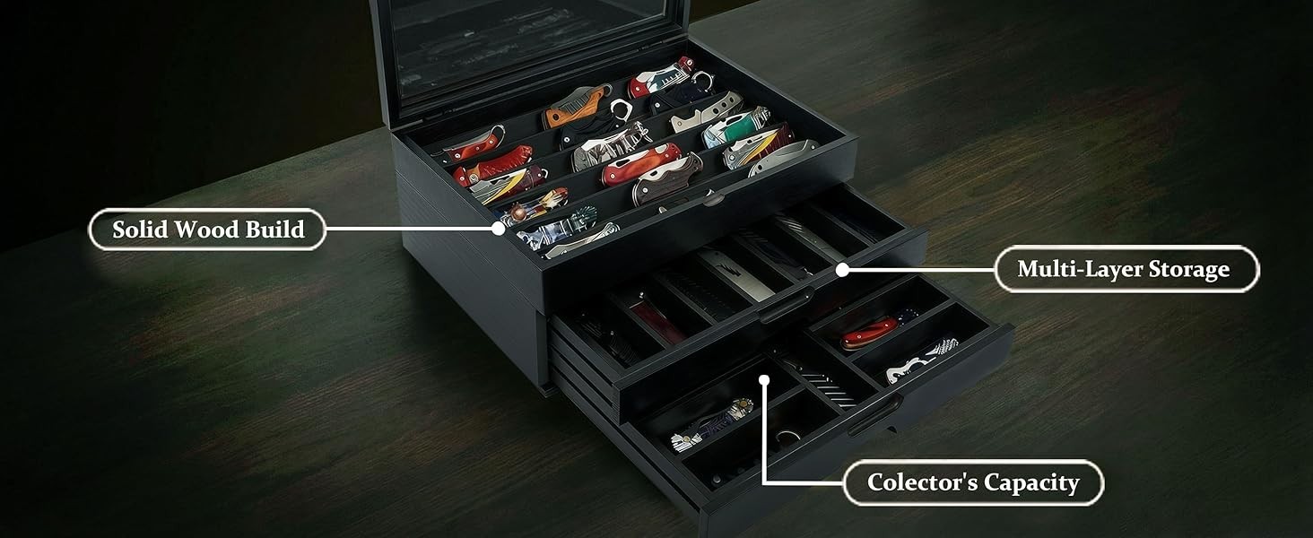 Knife Display Case 43+ Wood Black EDC Pocket Knives Watch Organizer Storage Box
