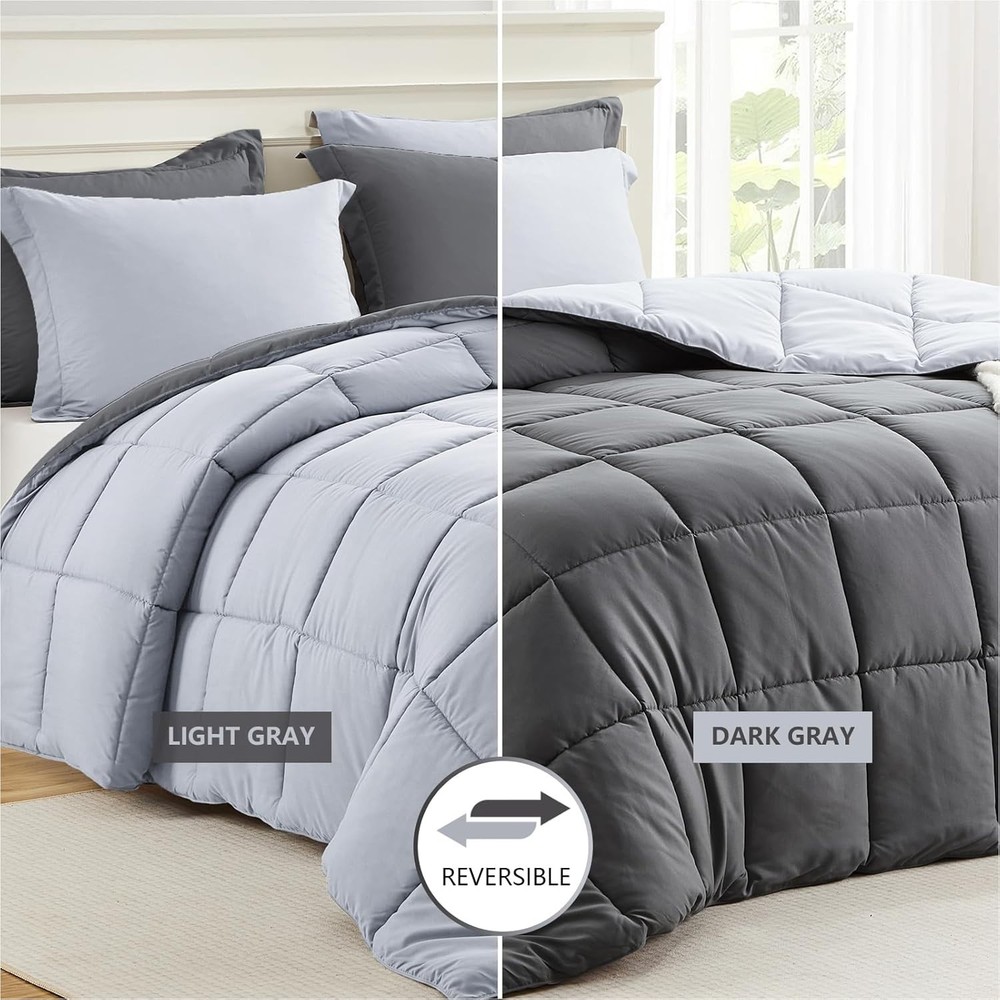 Luxurious Lightweight Grey/Light Gray Reversible Comforter Set - Queen Size
