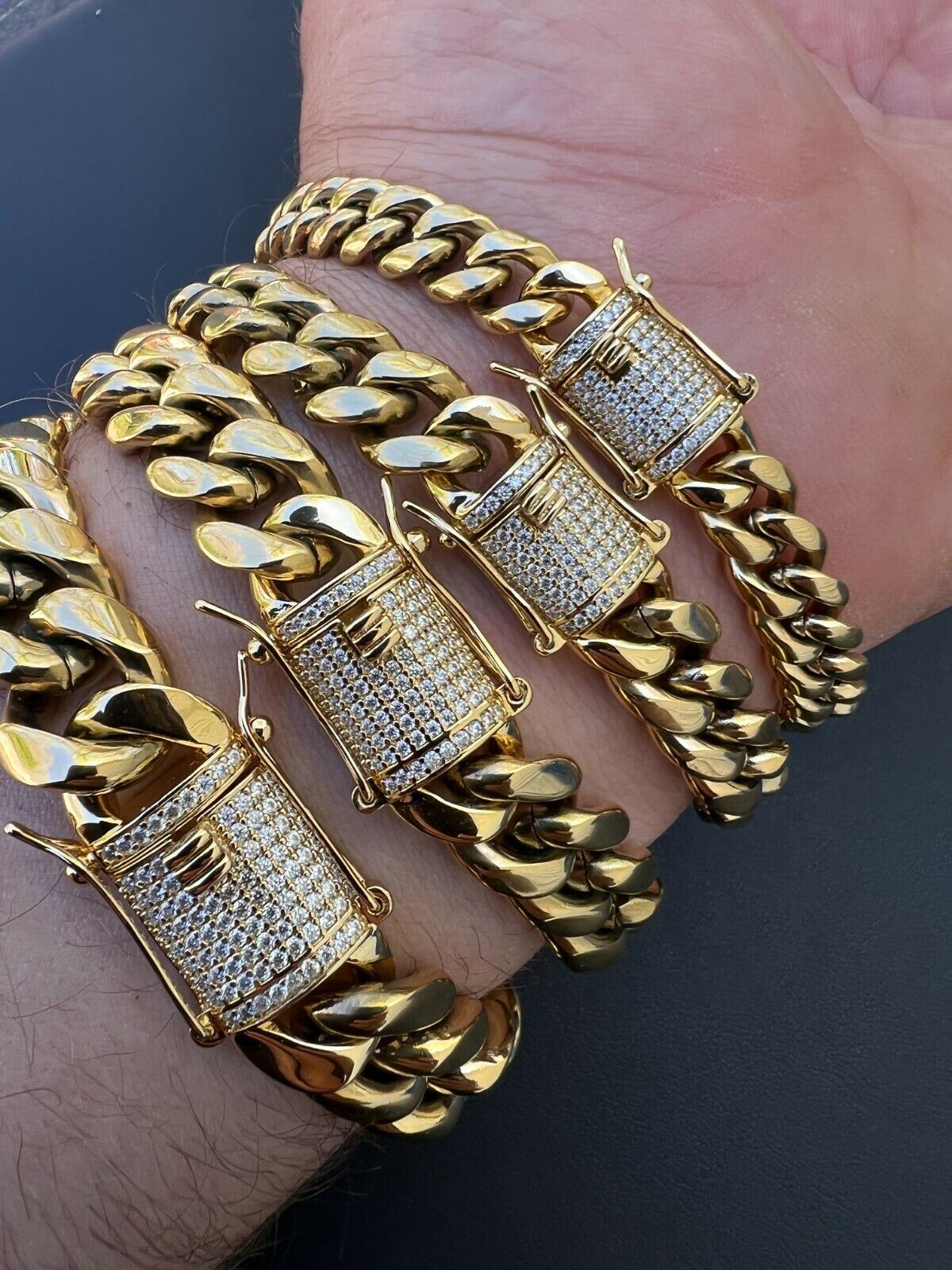 Real Miami Cuban Link Bracelet 1ct CZ Iced Clasp 14k Gold Plated Stainless Steel