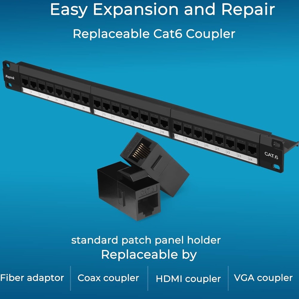 24 Port Cat6 Patch Panel with 10G Support - Effortless Installation & Upgrades