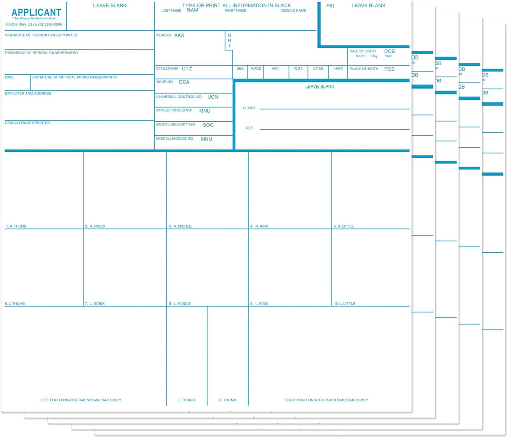 Fingerprint Cards, Applicant FD-258 (5 Pack)