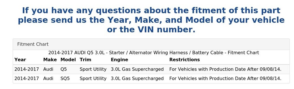 2014-2017 AUDI Q5 3.0L - Starter / Alternator Wiring Harness / Battery Cable