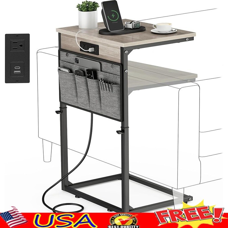 Height Adjustable C Shaped Side Table W/ USB Charging Station Storage Bag Couch