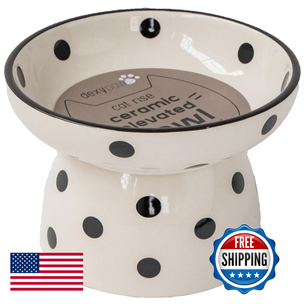 Dexypaws Elevated Ceramic Cat Bowl - White/Black Polka Dots - 8.7oz