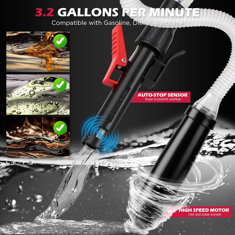 Automatic Fuel Transfer Pump with Auto-Stop Sensor(3.2 GPM), Battery Operated Ga