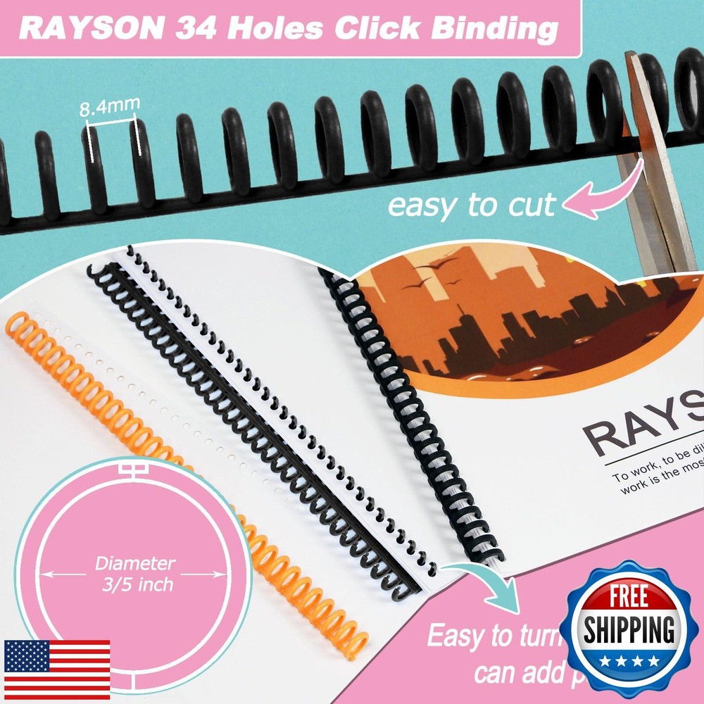 Rayson PROC1530BK Click Binding Spines, 3:1 Pitch, 120 Sheets Binding Capacit
