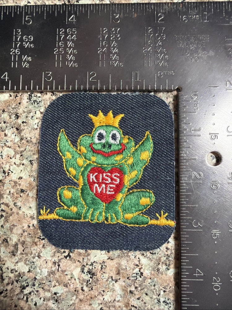 Vintage “Kiss Me” Frog Embroidered Denim Patch