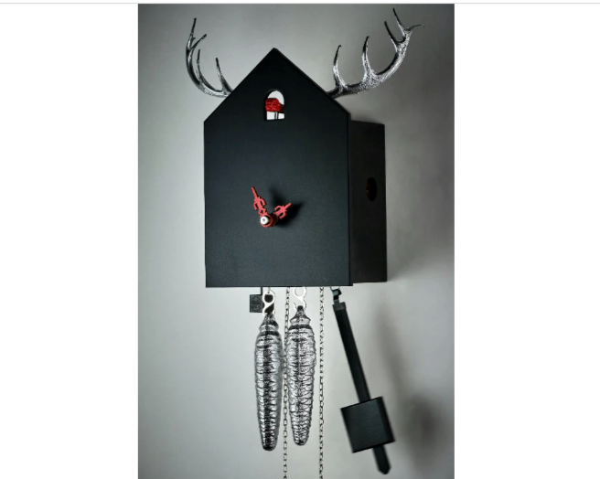 Black Forest Cuckoo Clock with Deer Antlers, Handmade Solid Red Black Cuckoo