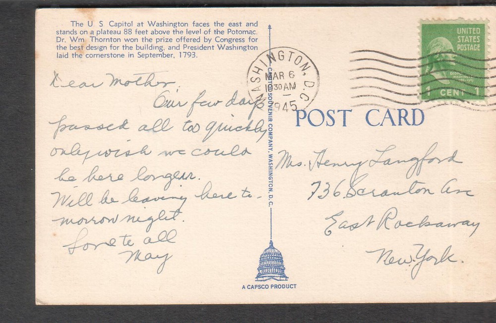 March 6 1945 post card US Capitol Washington DC