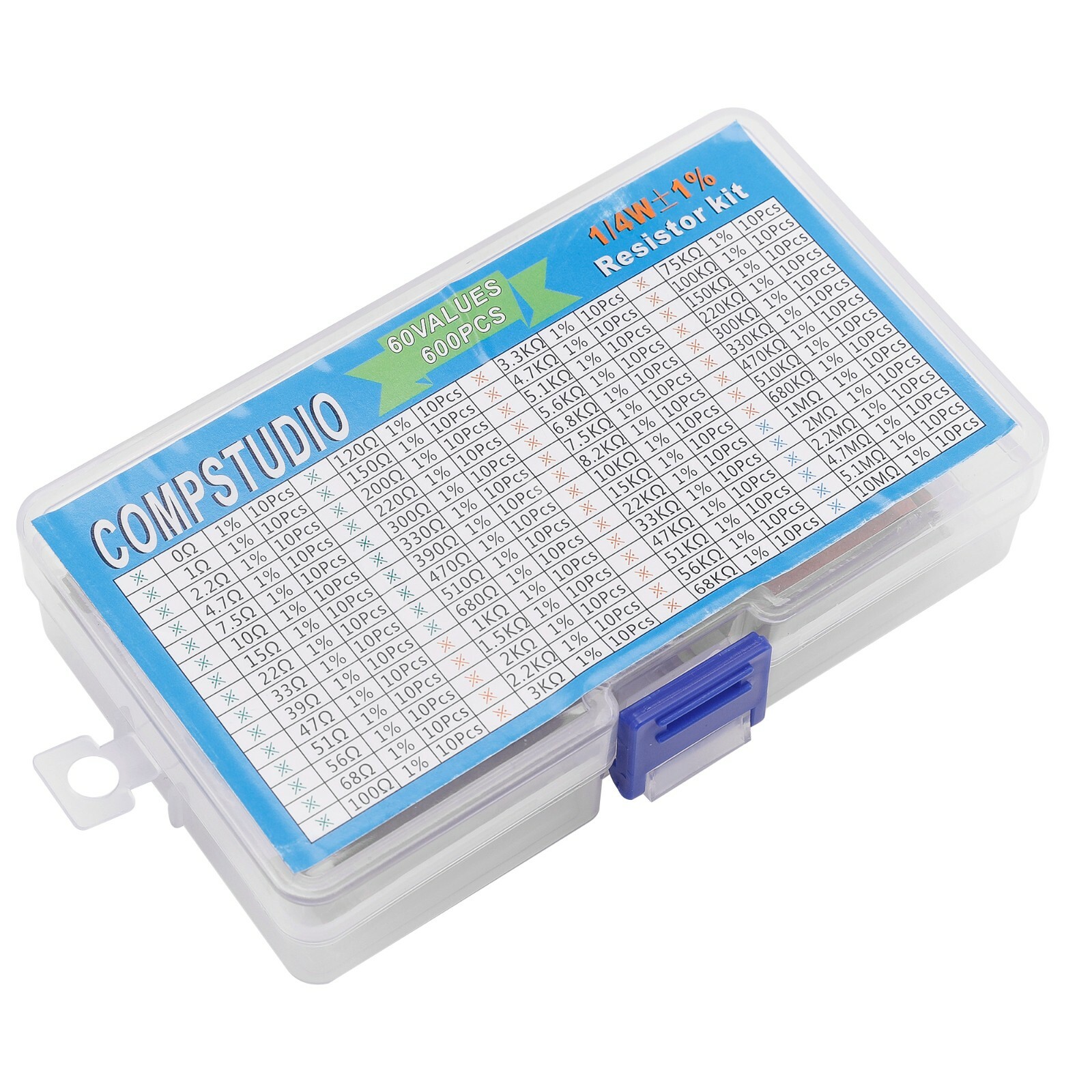 600Pcs 60 Values 1% 1/4W Resistor Kit 0 Ohm-10M Ohm Metal Film Resistors Kit