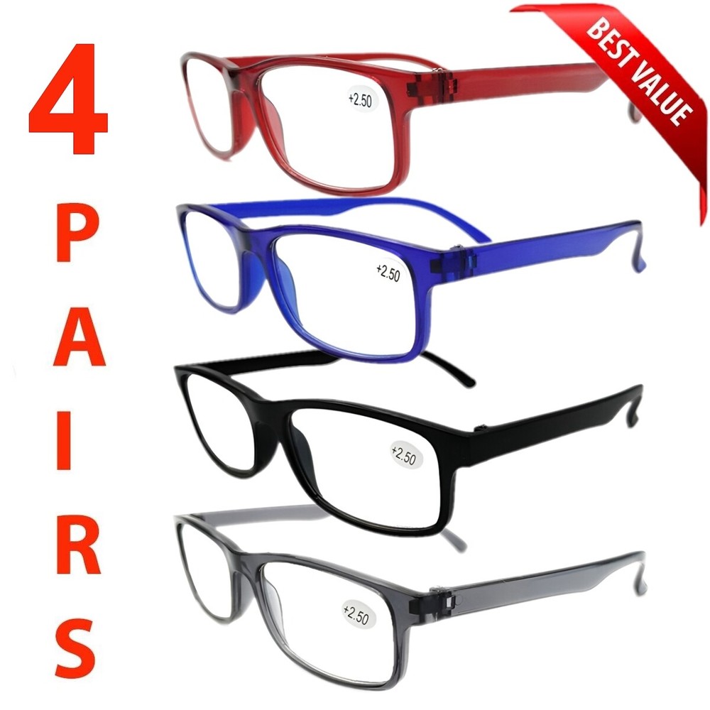 4 Pack Mens Rectangular Blue Light Blocking Reading Glasses Spring Hinge Readers