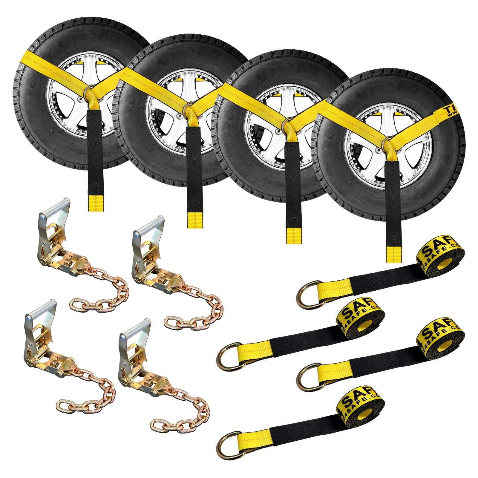 USA 4 Set 2" x 10' Ratchet Wheel Lift Lasso Strap w/ Chain Extension For Towing
