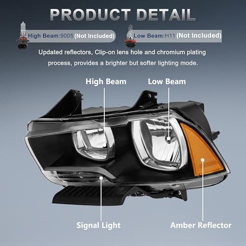 Halogen Headlights Assembly Compatible for 2011 Black Housing Amber Reflector