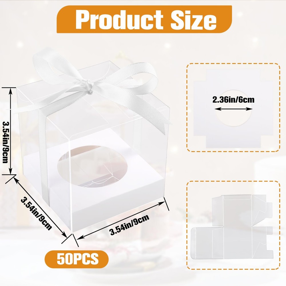 50 Pcs Clear Plastic Cupcake Boxes, 3.5 Inch Single Cupcake Containers, Indiv...