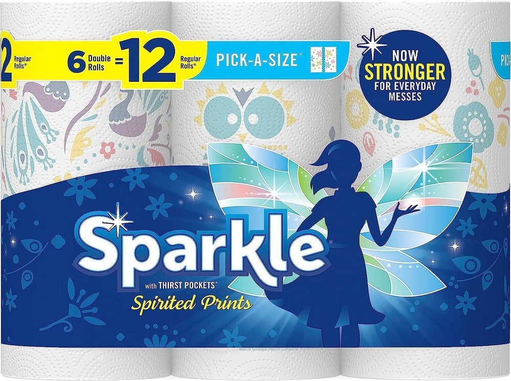 Sparkle Pick-a-size Paper Towels Spirited Prints 6 Double Rolls = 12 Regular.