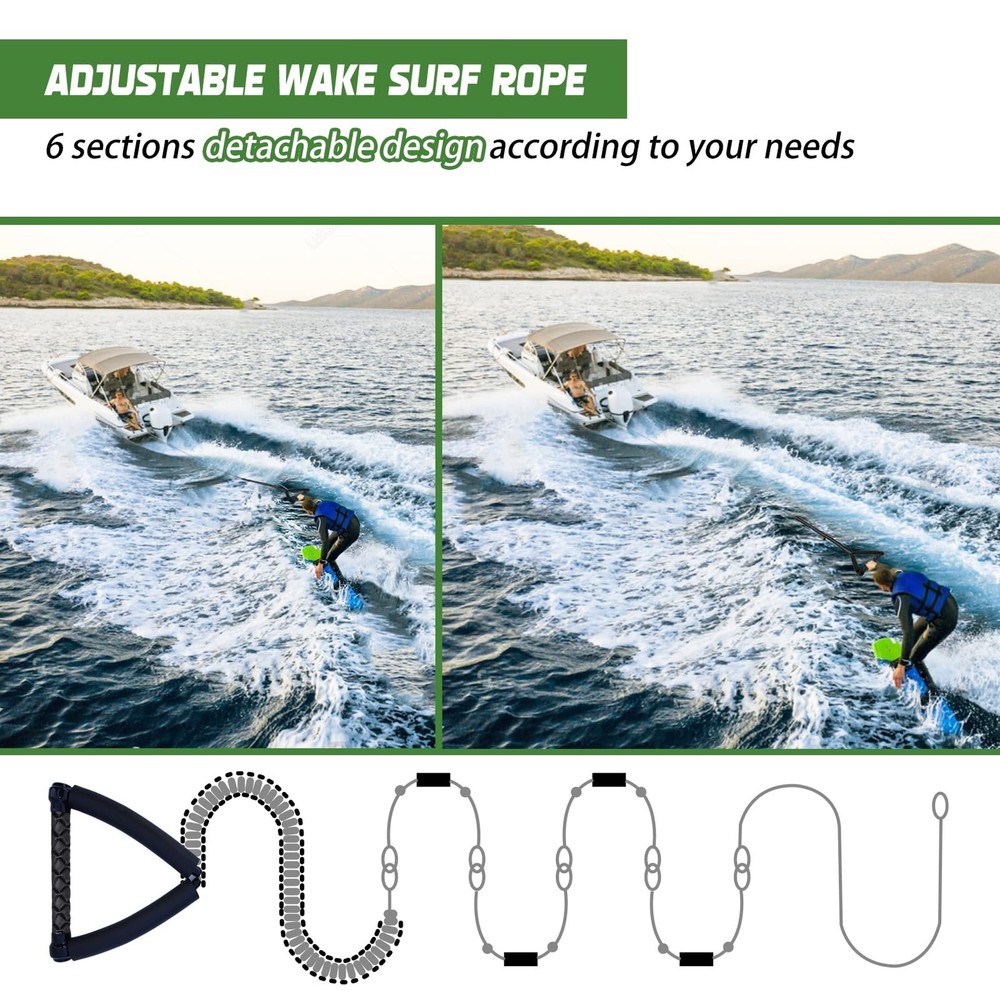 ASVAEVAS 25FT Wakesurf Rope and Handle, 6 Sections Adjustable Floating Surf T...