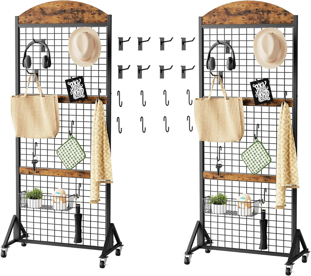 Grid Wall Panel 5.7' X 2' FT Grid Display Rack, 2 Pack Movable Gridwall Display