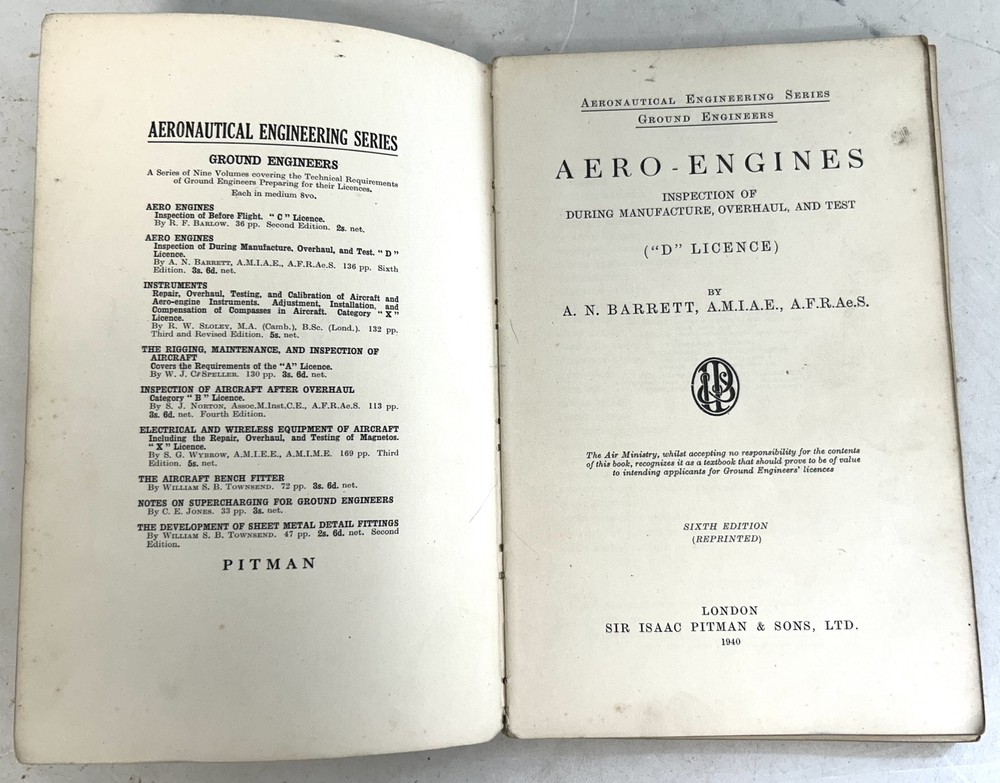 1940 Dated Aero-Engines D License Engineering Series Book, Pitman