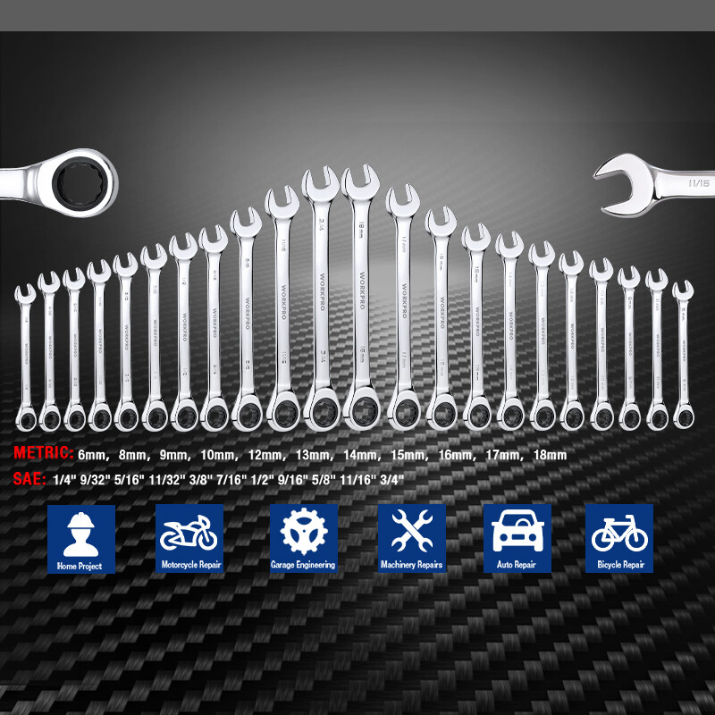 WORKPRO 22PCS Ratcheting Combination Wrench Set 12Point Combo Ratchet Wrench Set