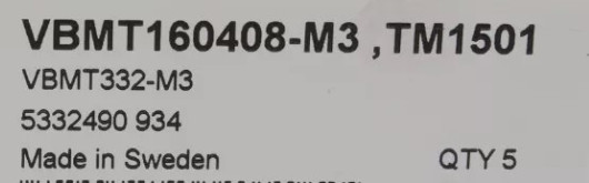5  PCS  ORIGINAL  INSERTS             VBMT160408-M3 TM1501
