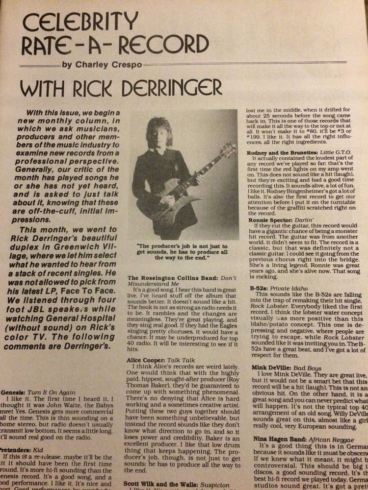 Rick Derringer, Full Page Vintage Clipping