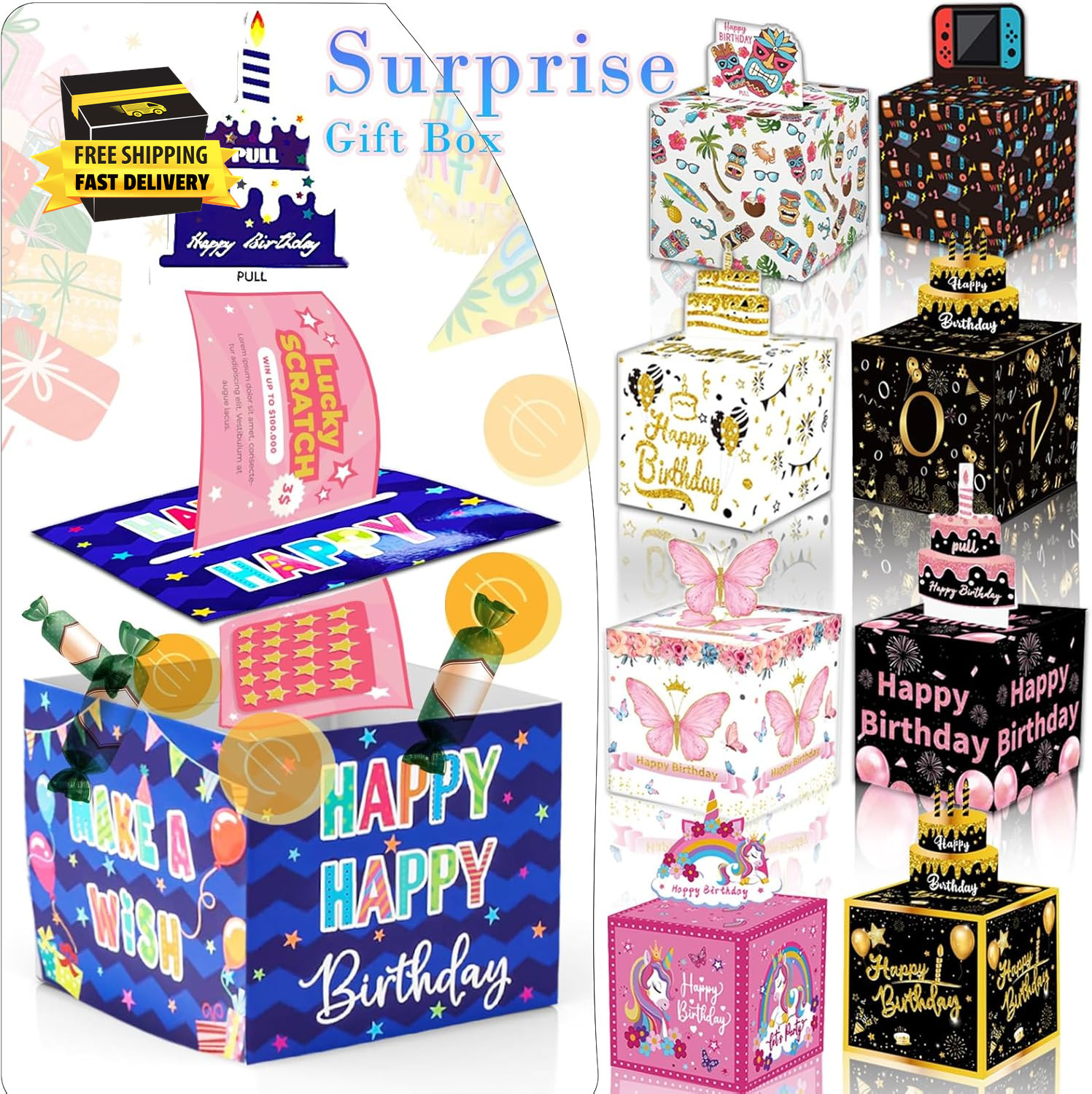 Birthday Money Box for Cash Gift Pull, Surprise Money Roll Gift Box with Pull Ou