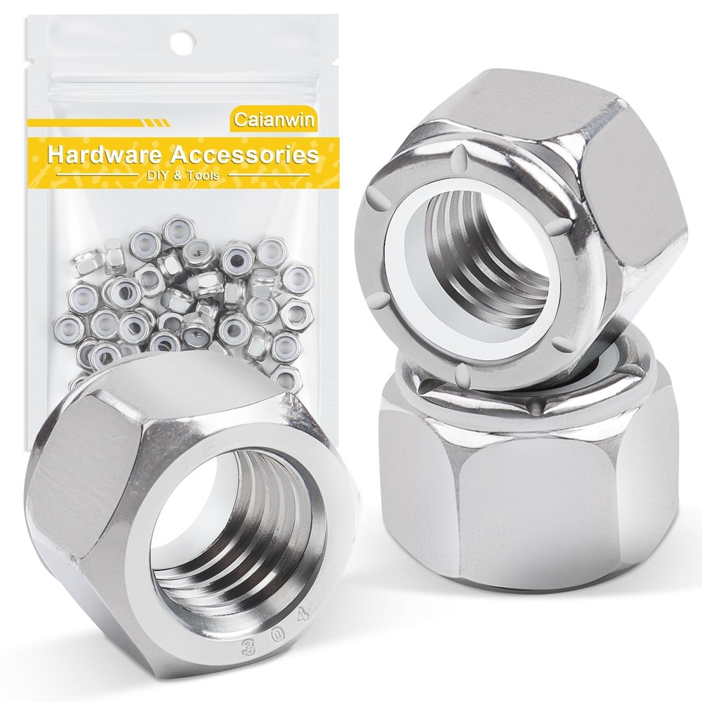 Caianwin 100Pcs #10-24 Nylon Insert Hex Lock Nuts A2 304 #10-24, Silver