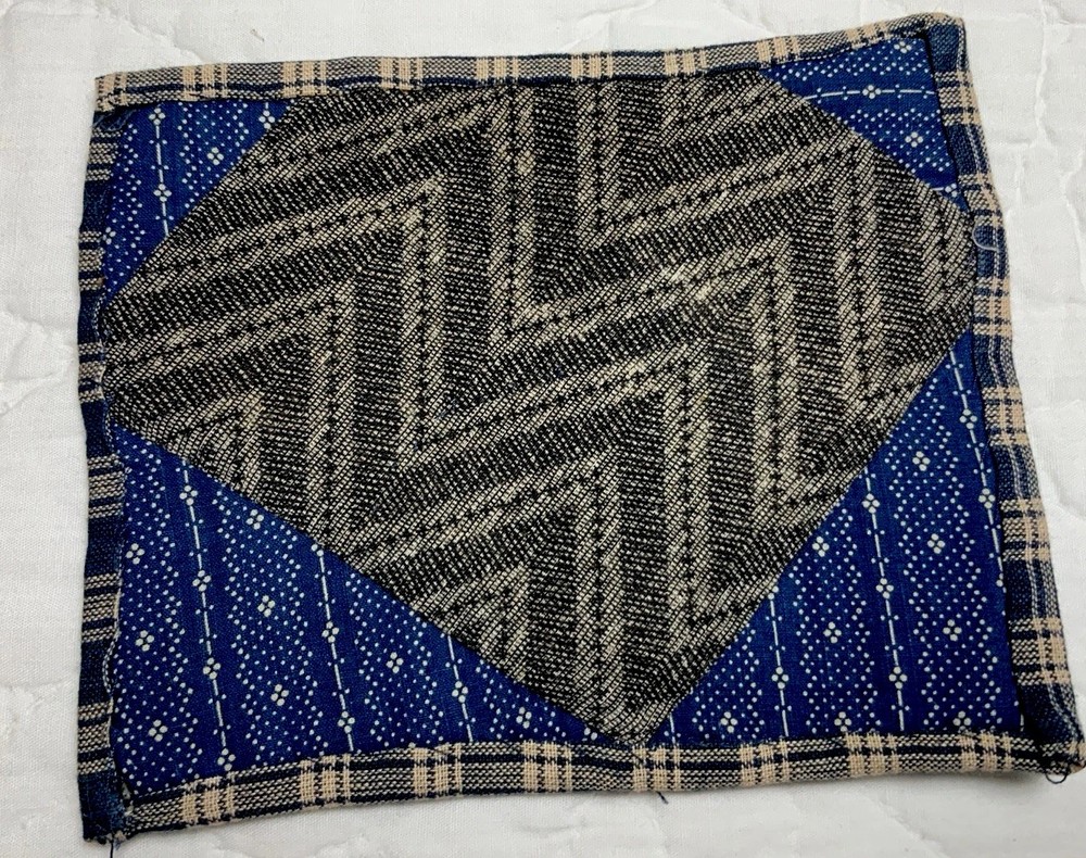 Antique Patchwork Quilt Table Topper, Early Calicos, Blue, Black, Triangles