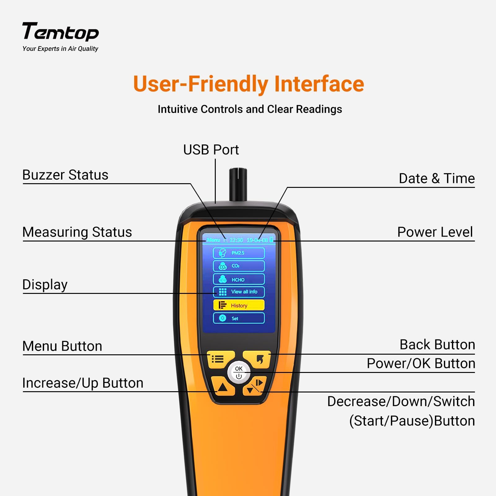 Temtop M2000 2nd Air Quality Monitor PM2.5/10 CO2 HCHO Formaldehyde Detector