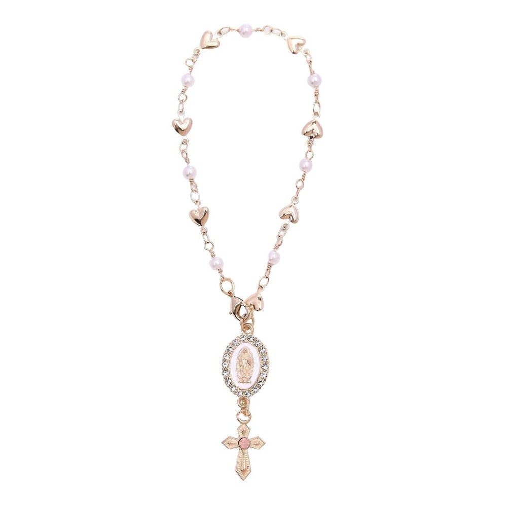 Steering Wheel Rosary Charm, Accessory with Virgin Mary Pink