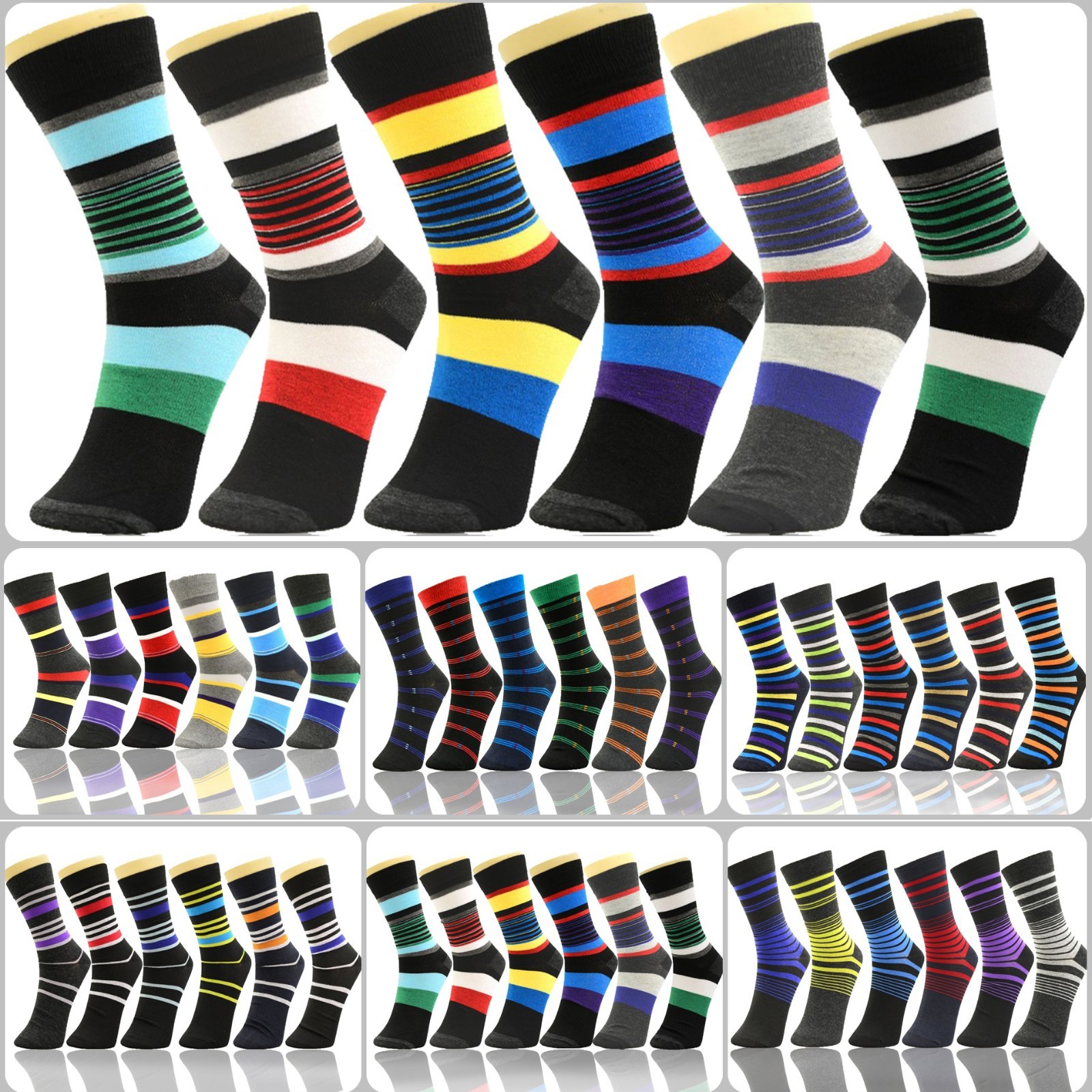 6 Pairs Men's Cotton Dress Socks Funky Argyle Striped Fashion Crew Size 10-13