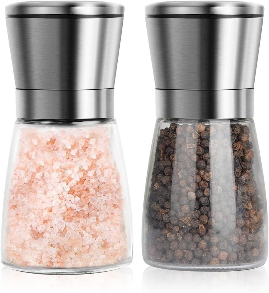 Stainless Steel Salt & Pepper Grinder Set Refillable Manual & Adjustable 2-Pack!