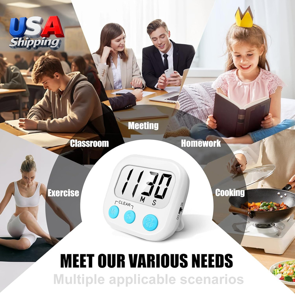 2 Pack Digital Kitchen Timer for Cooking Big Digits Loud Alarm Magnetic Backing