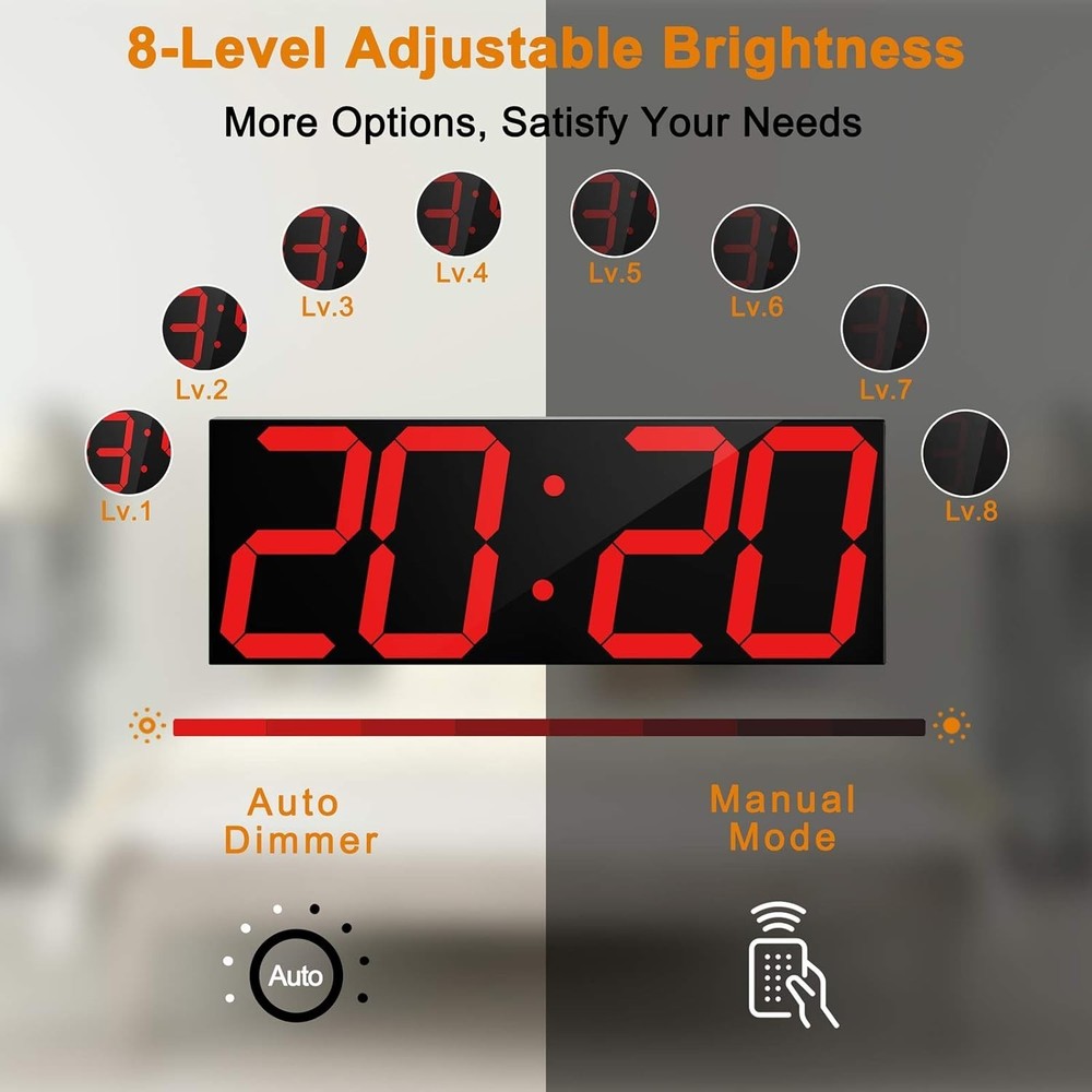 Big Red Digital Wall Clock - 6" Numbers, Countdown Timer, Brightness