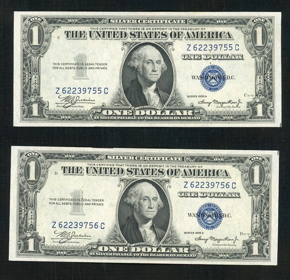 1935A $1 Silver Certificates 2 Crisp Uncirculated Notes Consecutive (Pin Hole)