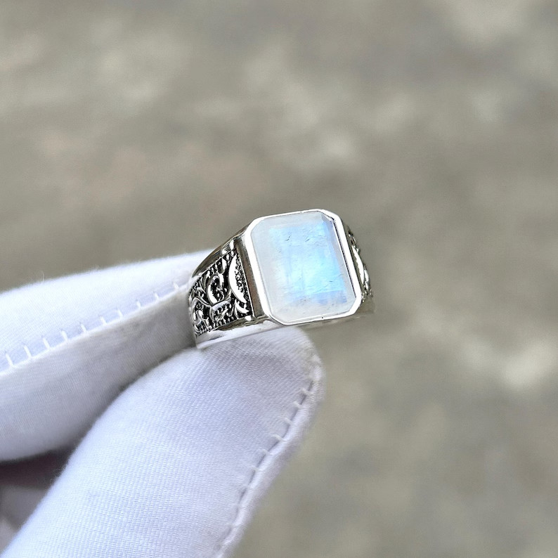 Rainbow Moonstone Ring Mens Solid 925 Silver Handmade Statement Ring