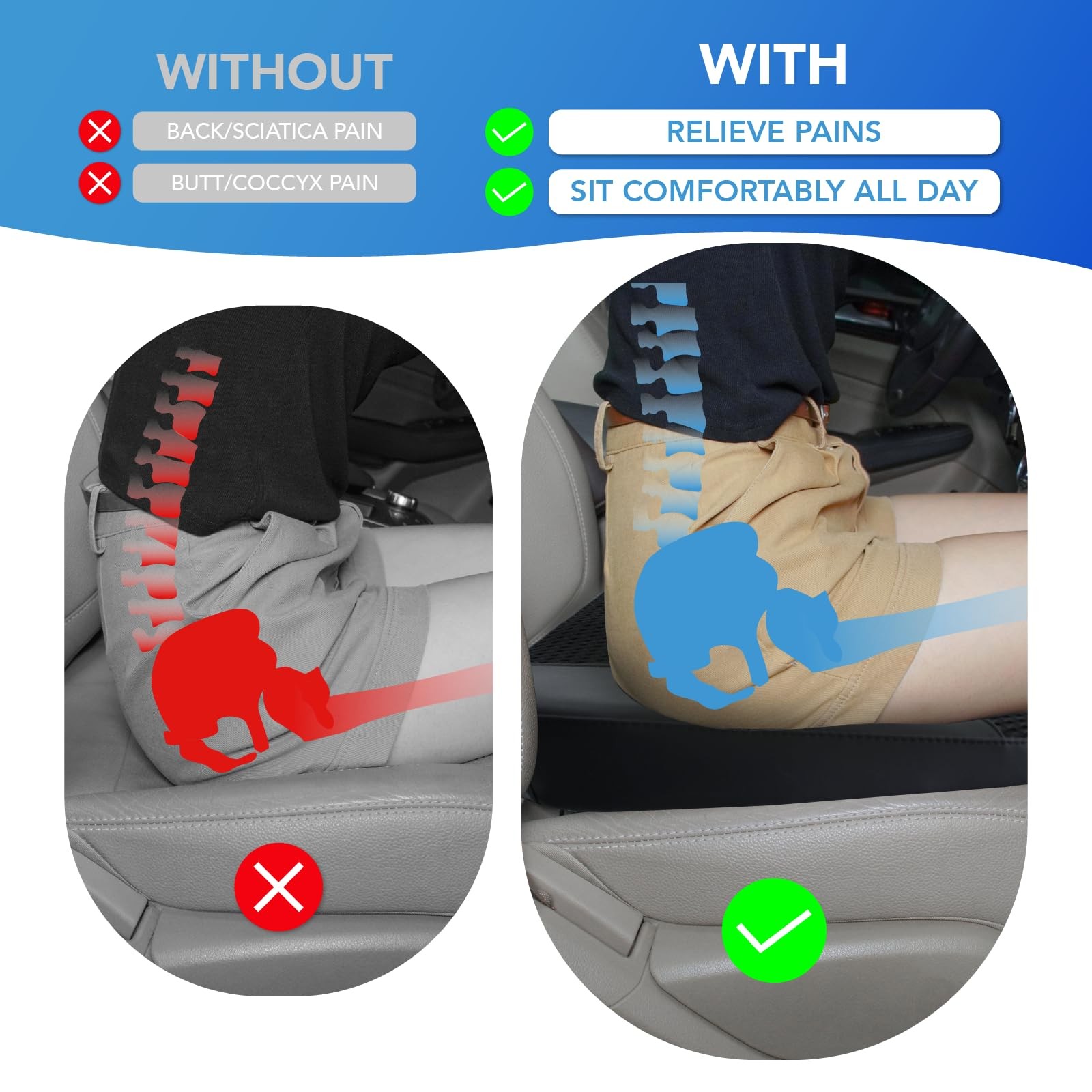 Car Seat Cushion, Comfortable Memory Foam Seat Pillow for Driving, Sciatica-B...