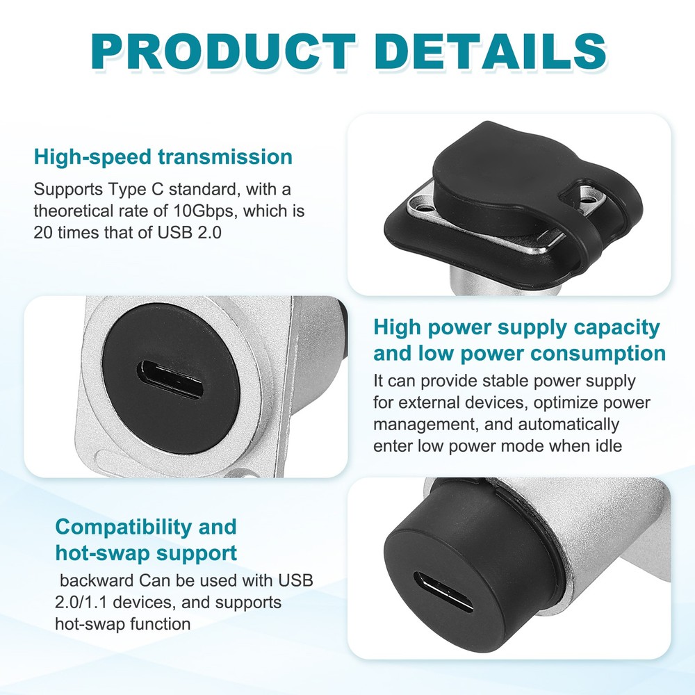 2Pcs Type C Panel Mount Coupler, D-Type USB C Pass Through 10Gbps Silver