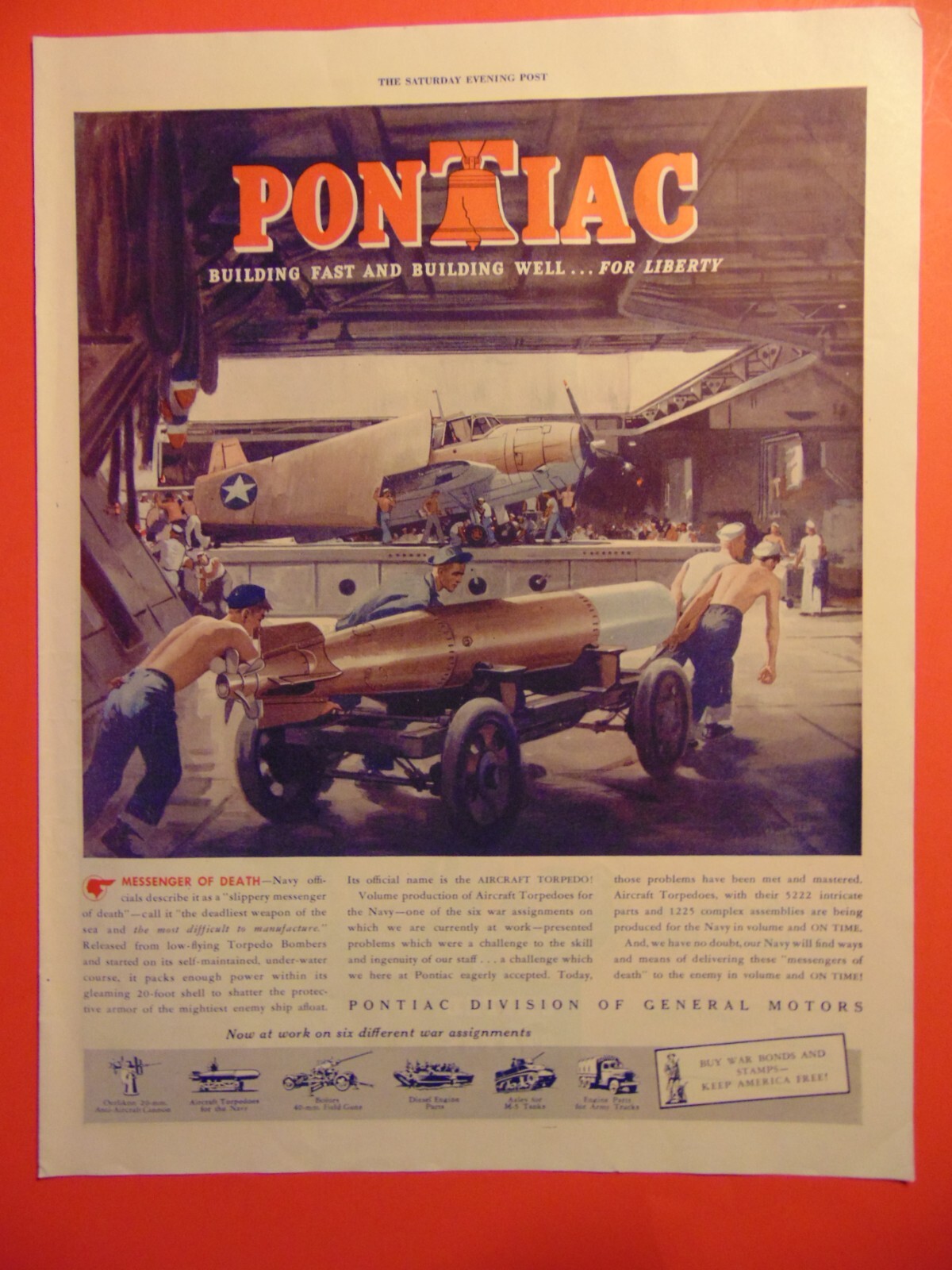 1943 Pontiac Navy Men Load Bombs Buy War Bonds WWII photo art print ad