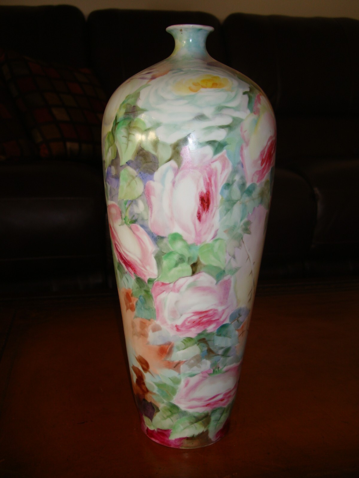 ANTIQUE HOHENZOLLERN GERMANY LARGE 14" HAND PAINTED PORCELAIN VASE, PINK ROSES