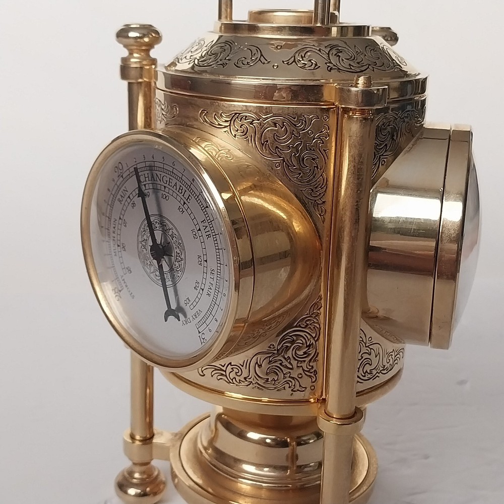 NAUTICAL 3-SIDED BRASS - CLOCK, BAROMETER, THERMOMETER & COMPASS WORKING