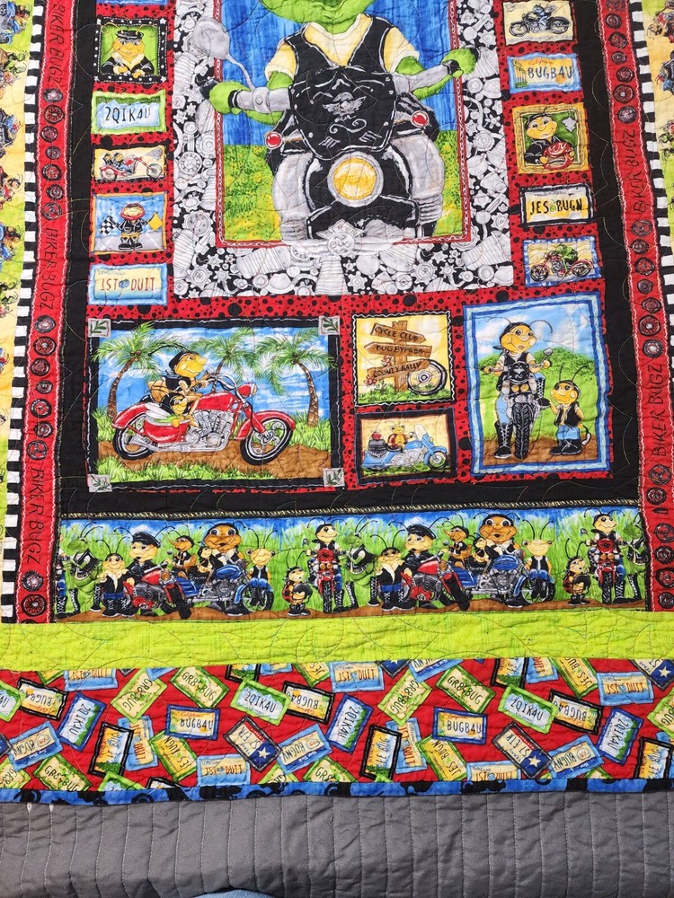 Vintage Motorcycle Biker Bugz Patchwork Reversible Quilt Throw 51" x 60"