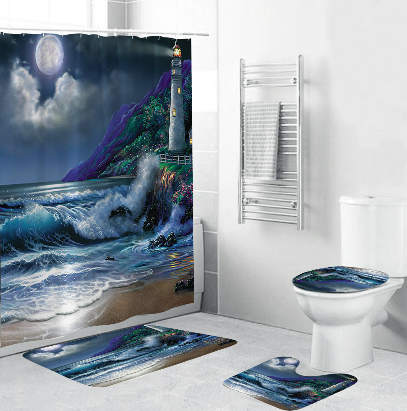 Coast Shower Curtain Bathroom Rug Set Thick Bath Mat Non-Slip Toilet Lid*